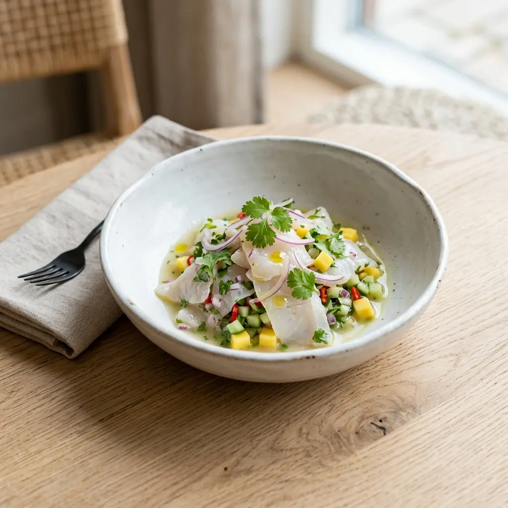 Ceviche av flatfisk servert ferdig som hjemmelaget rett