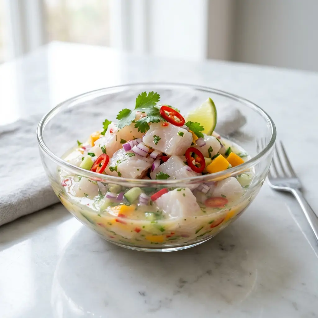 Nylaget ceviche av torsk servert på en appetittlig og hjemmelaget måte