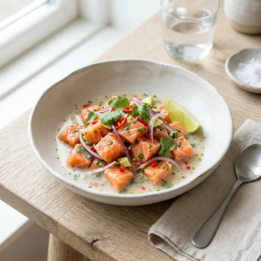 Nylaget ceviche med laks servert på en appetittlig og hjemmelaget måte