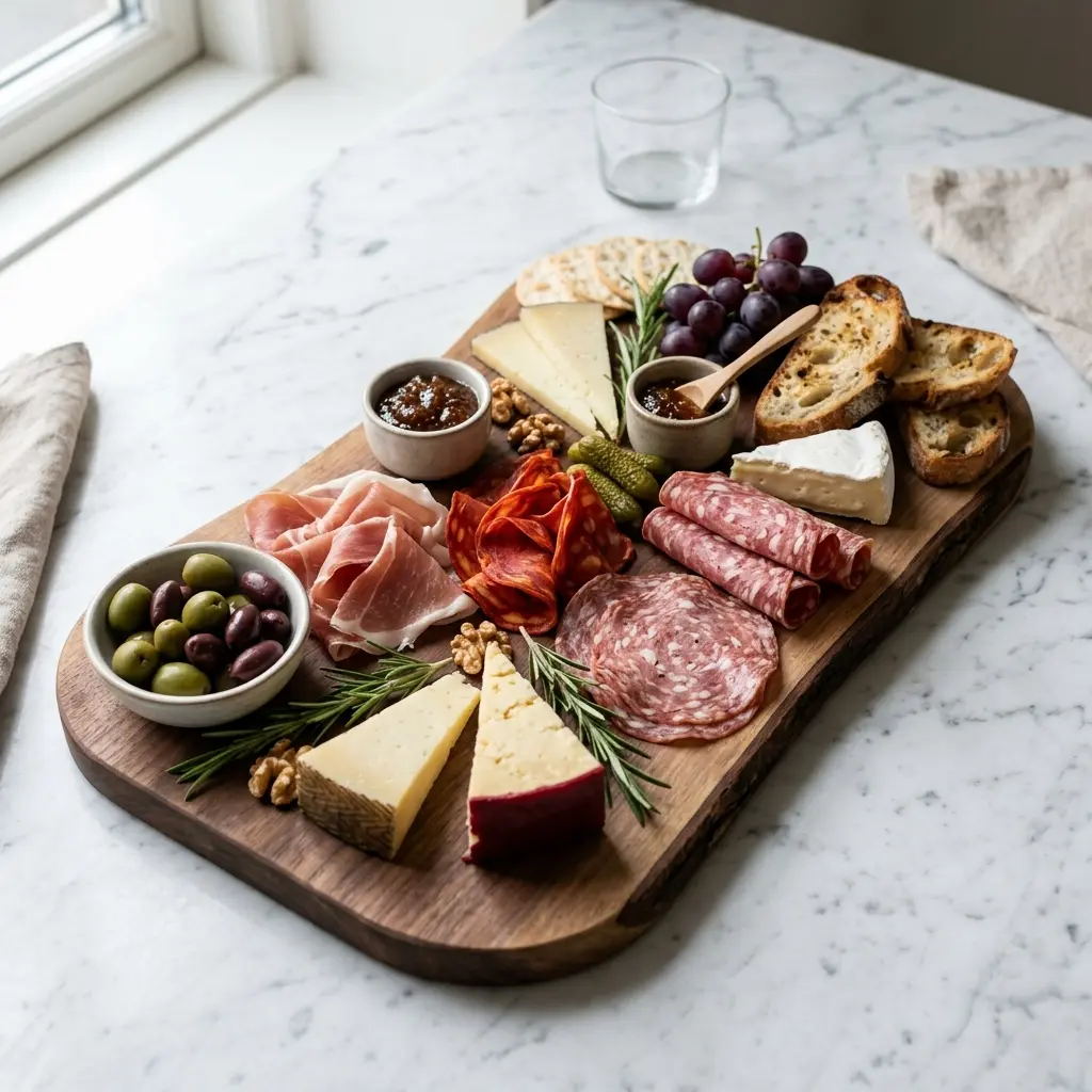 Nylaget charcuterie servert på en appetittlig og hjemmelaget måte