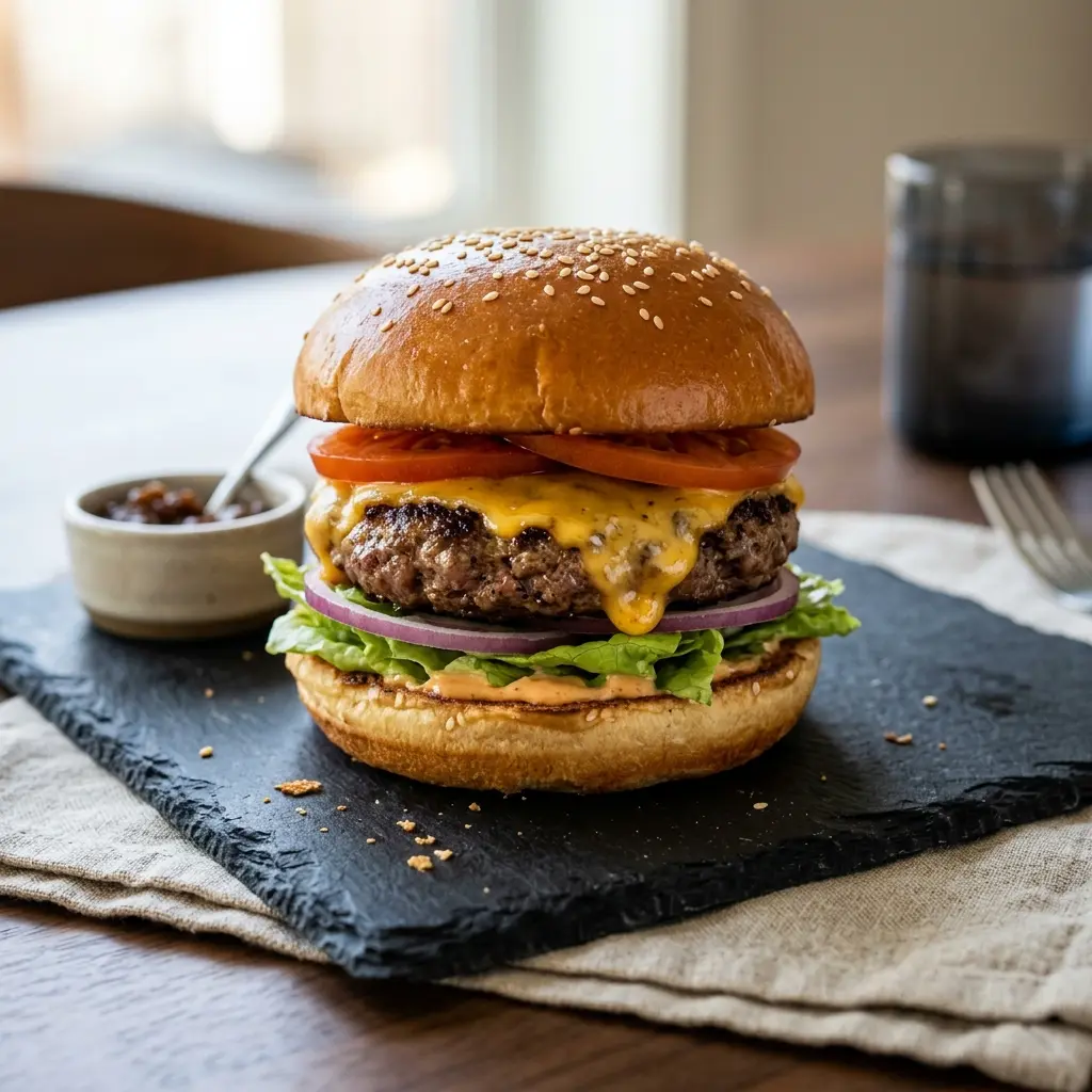 Nylaget cheeseburger servert på en appetittlig og hjemmelaget måte