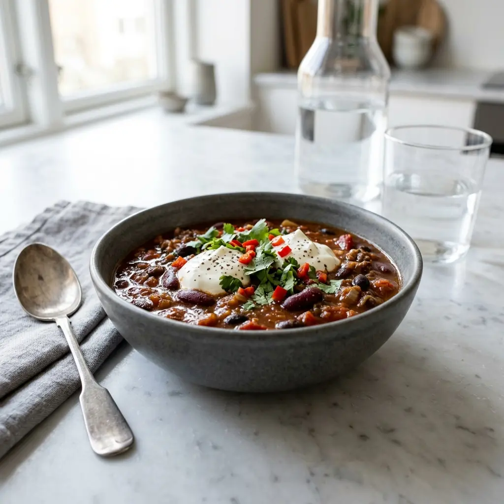 Nylaget chili con carne servert på en appetittlig og hjemmelaget måte