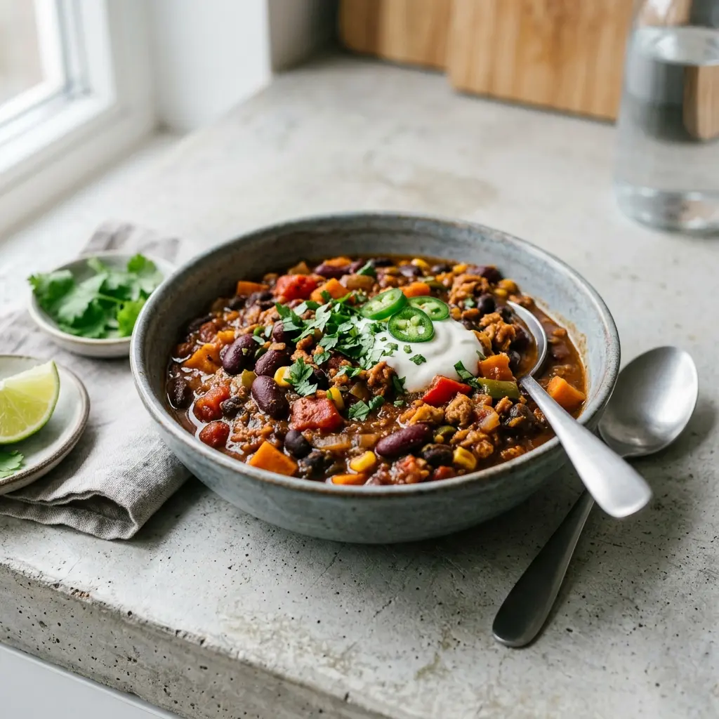 Nylaget chili sin carne servert på en appetittlig og hjemmelaget måte