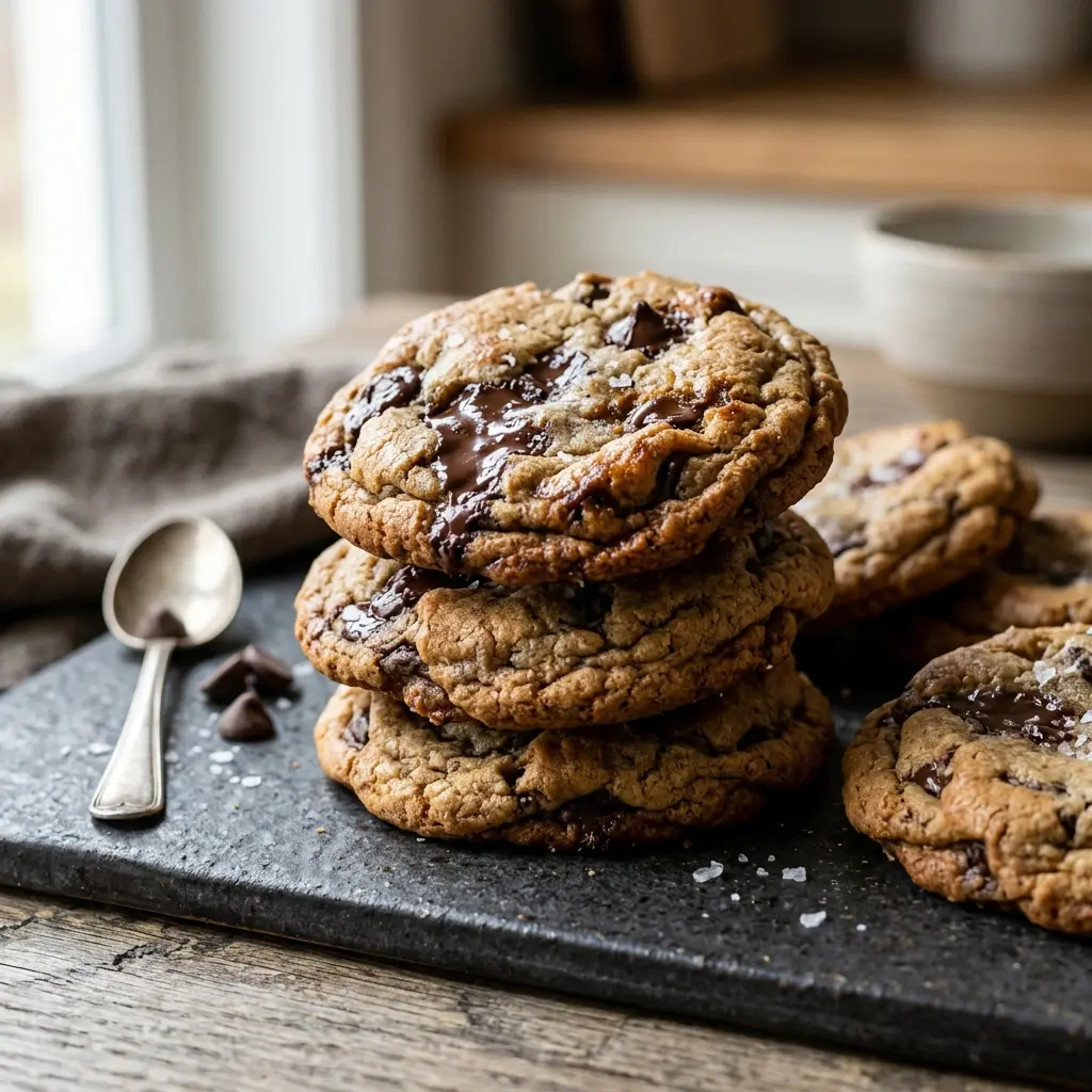 Nylaget chocolate chip cookies servert på en appetittlig og hjemmelaget måte