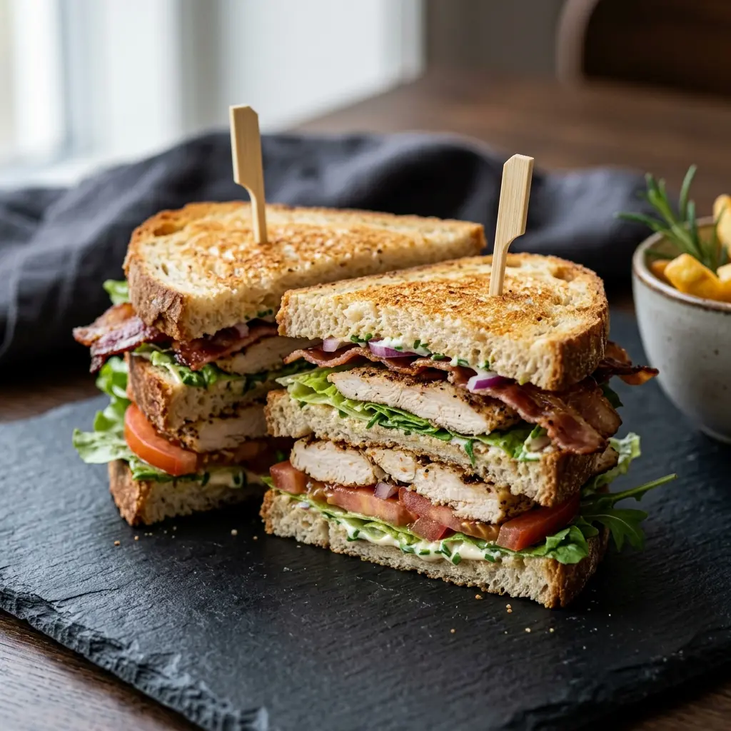 Nylaget club sandwich med kylling servert på en appetittlig og hjemmelaget måte