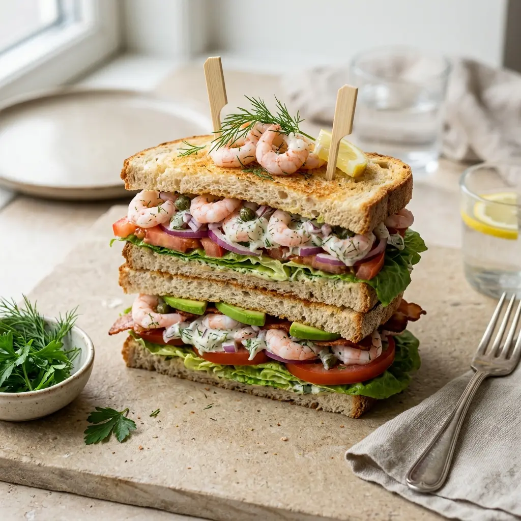 Nylaget club sandwich med reker servert på en appetittlig og hjemmelaget måte
