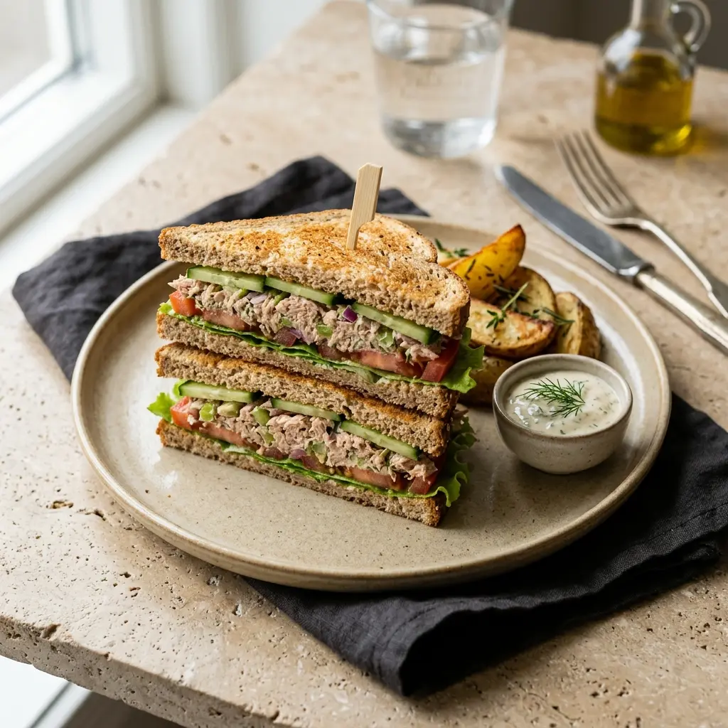 Club sandwich med tunfisk servert ferdig som hjemmelaget rett