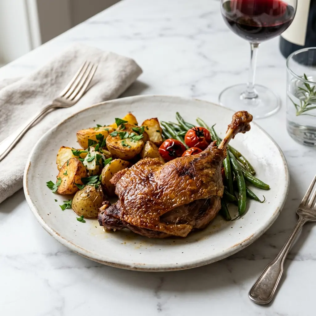 Nylaget confit de canard servert på en appetittlig og hjemmelaget måte