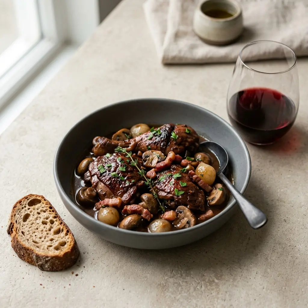 Nylaget coq au vin servert på en appetittlig og hjemmelaget måte