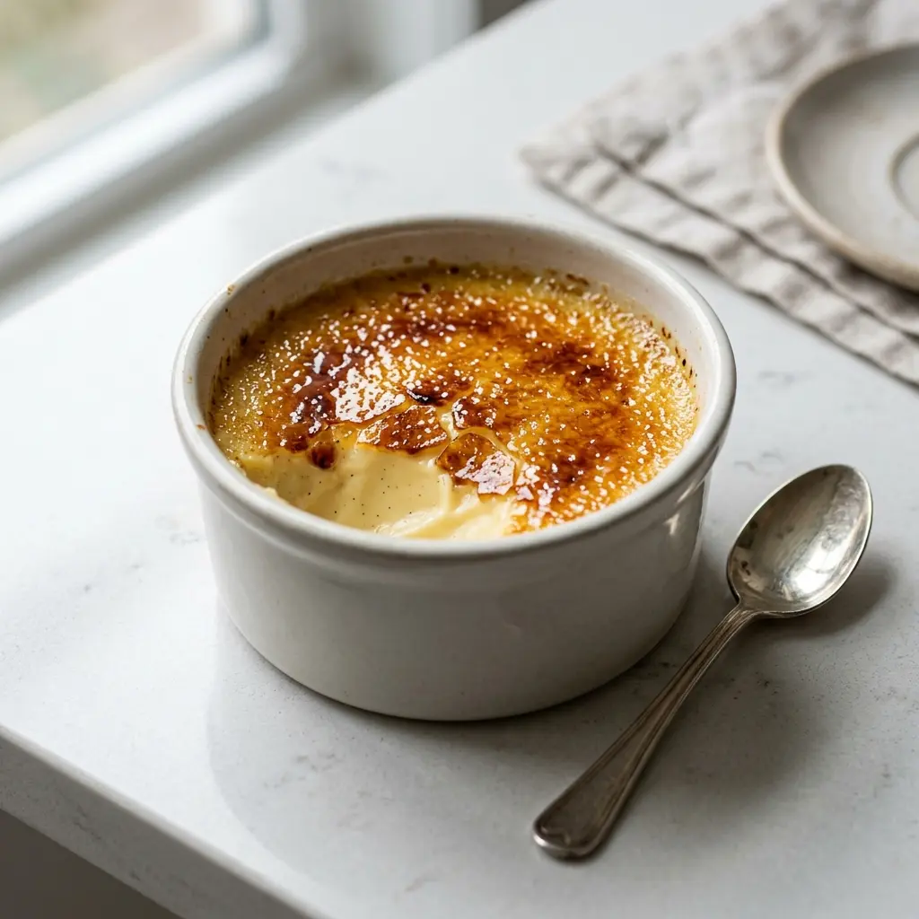 Nylaget crème brûlée servert på en appetittlig og hjemmelaget måte