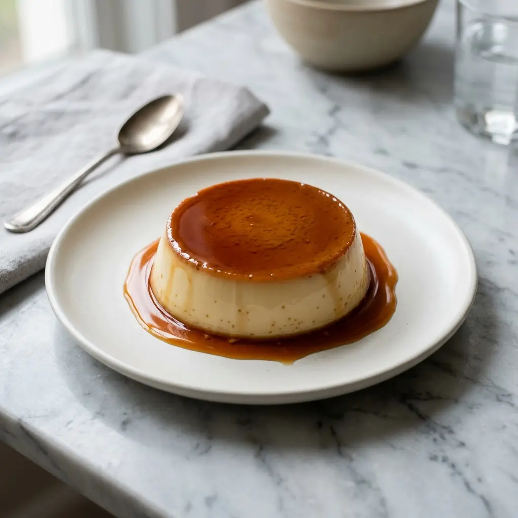 Nylaget crème caramel servert på en appetittlig og hjemmelaget måte