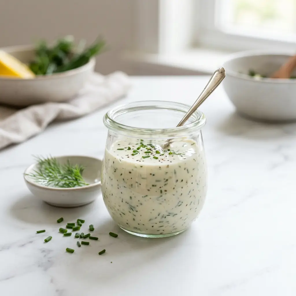 En skål med crème fraîche-dressing klar til servering som smakfullt tilbehør