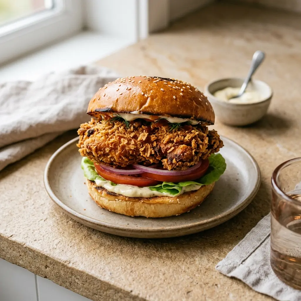 Crispy chicken burger servert ferdig som hjemmelaget rett