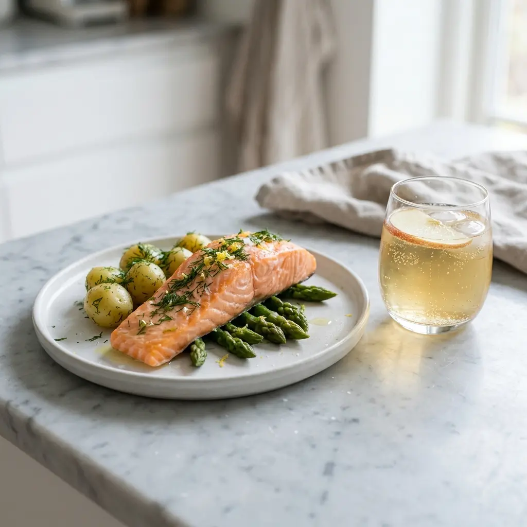 Nylaget dampet laks servert på en appetittlig og hjemmelaget måte
