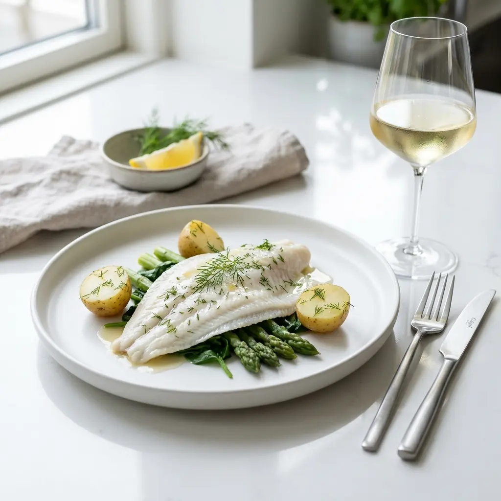 Nylaget dampet rødspettefilet servert på en appetittlig og hjemmelaget måte