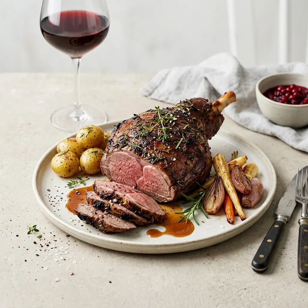 Nylaget dyrelår i ovn servert på en appetittlig og hjemmelaget måte
