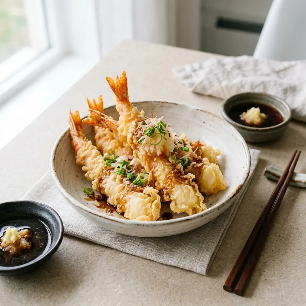 Nylaget ebi tempura servert på en appetittlig og hjemmelaget måte