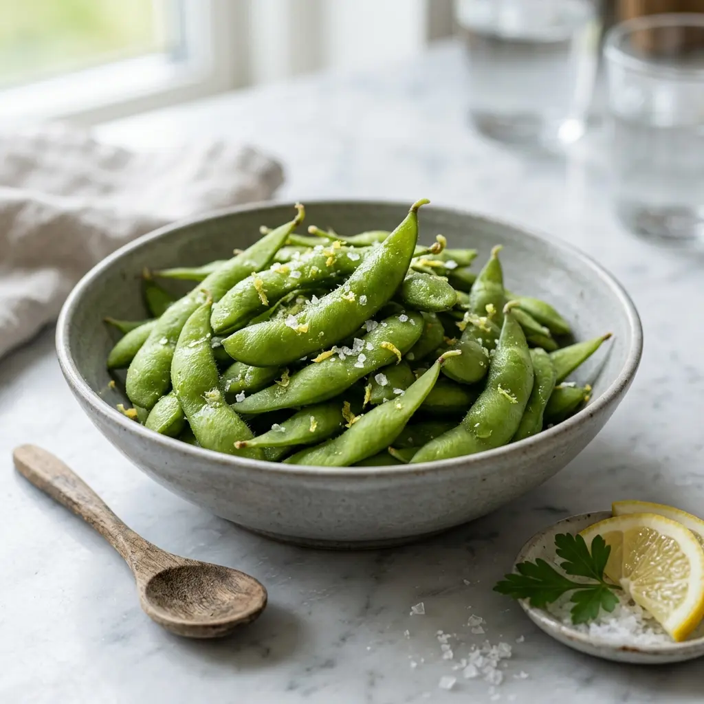 Nylaget edamamebønner med salt og sitron servert på en appetittlig og hjemmelaget måte
