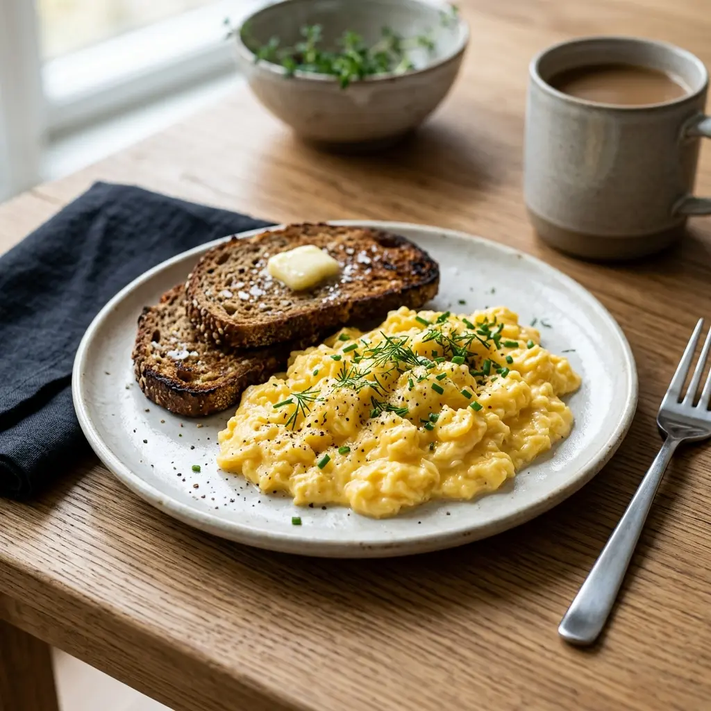 Nylaget eggerøre servert på en appetittlig og hjemmelaget måte