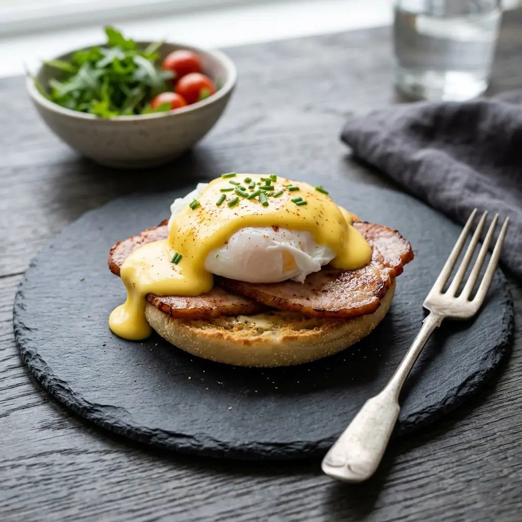 Nylaget eggs Benedict servert på en appetittlig og hjemmelaget måte