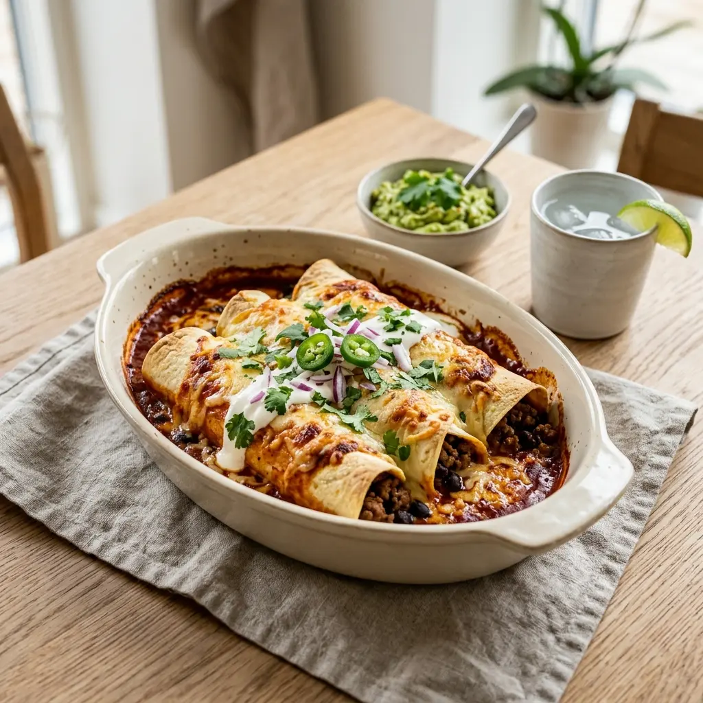 Nylaget enchiladas med storfekjøtt servert på en appetittlig og hjemmelaget måte