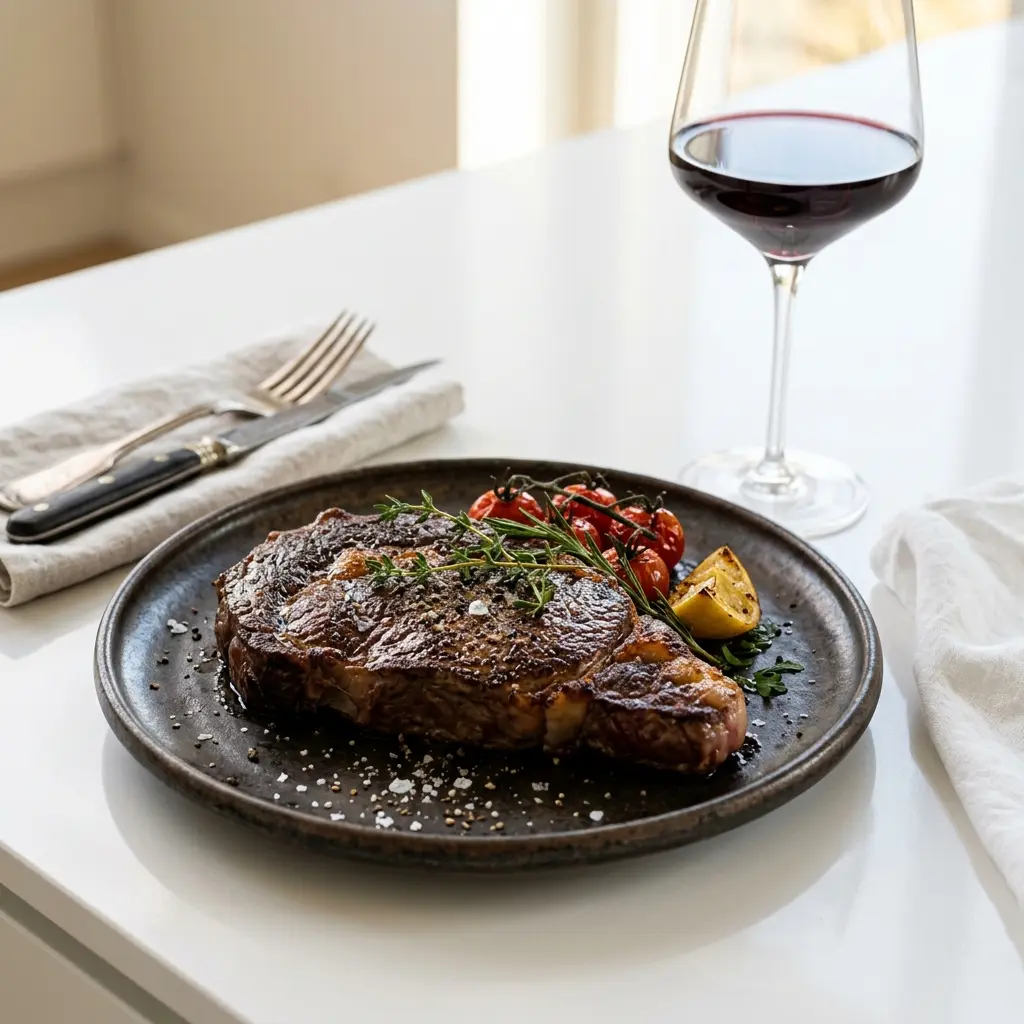 Nylaget entrecôte i stekepanne servert på en appetittlig og hjemmelaget måte