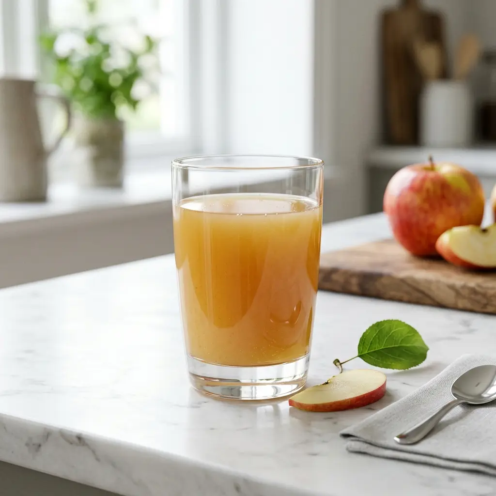 Et glass eplejuice servert kaldt og friskt med enkel pynt