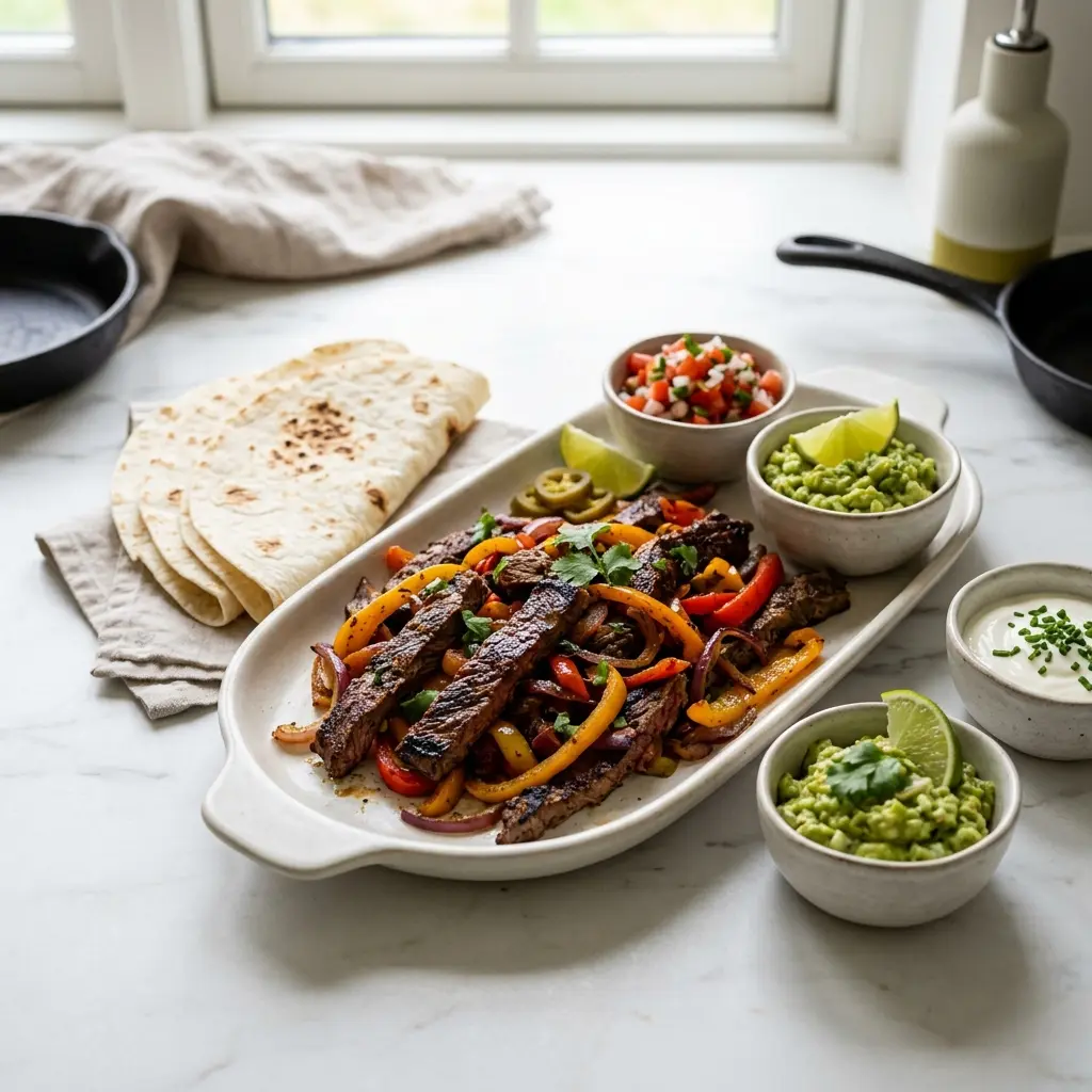 Nylaget fajitas med storfekjøtt servert på en appetittlig og hjemmelaget måte