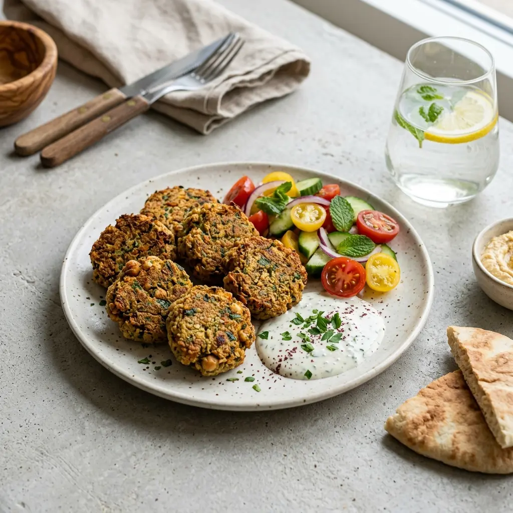 Nylaget falafel i ovn servert på en appetittlig og hjemmelaget måte