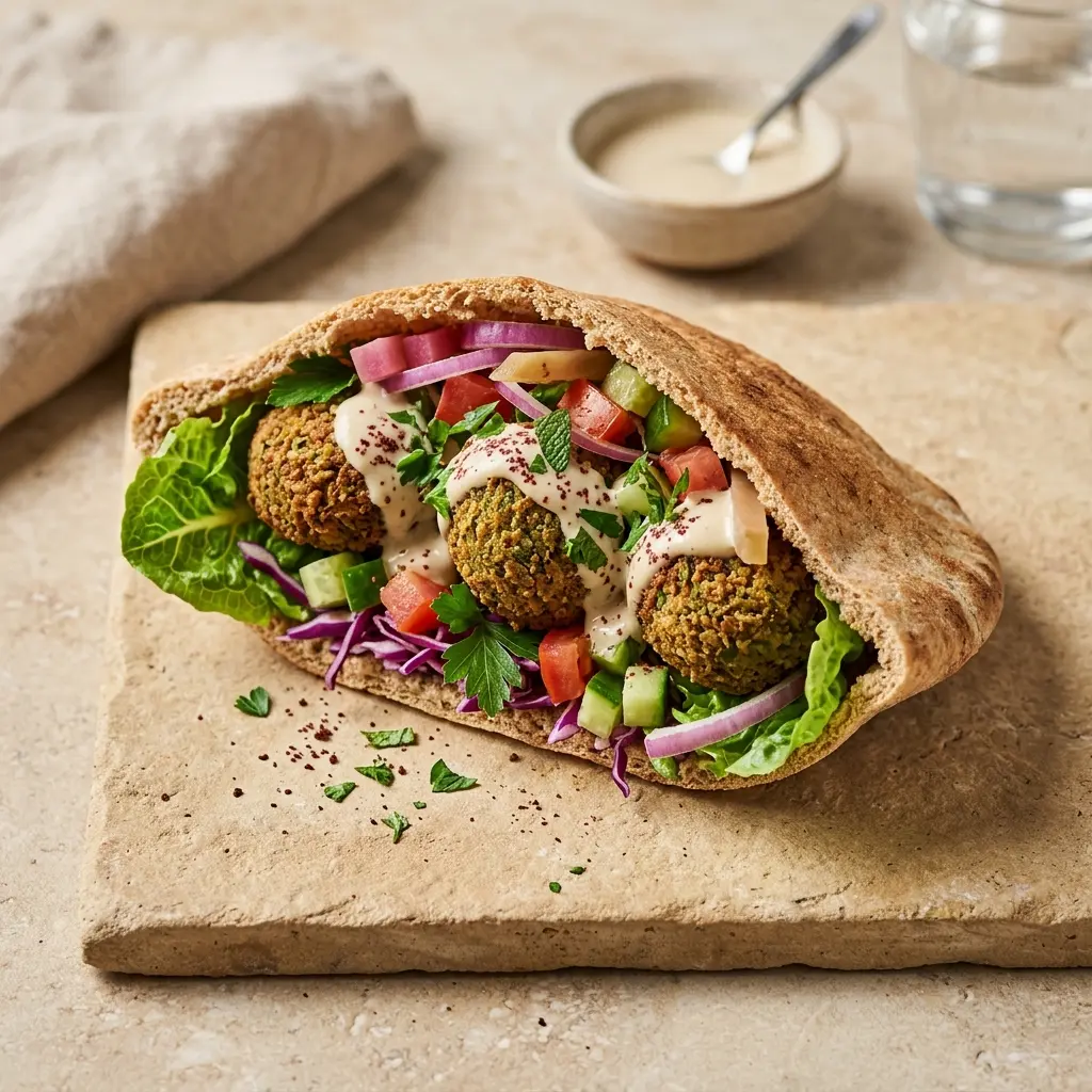 Nybakt falafel i pitabrød servert og klar til å nytes
