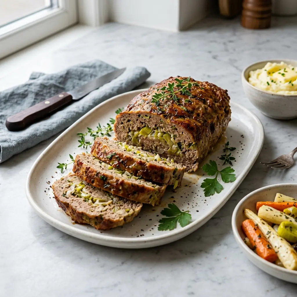 Nybakt farsbrød med purre servert og klar til å nytes