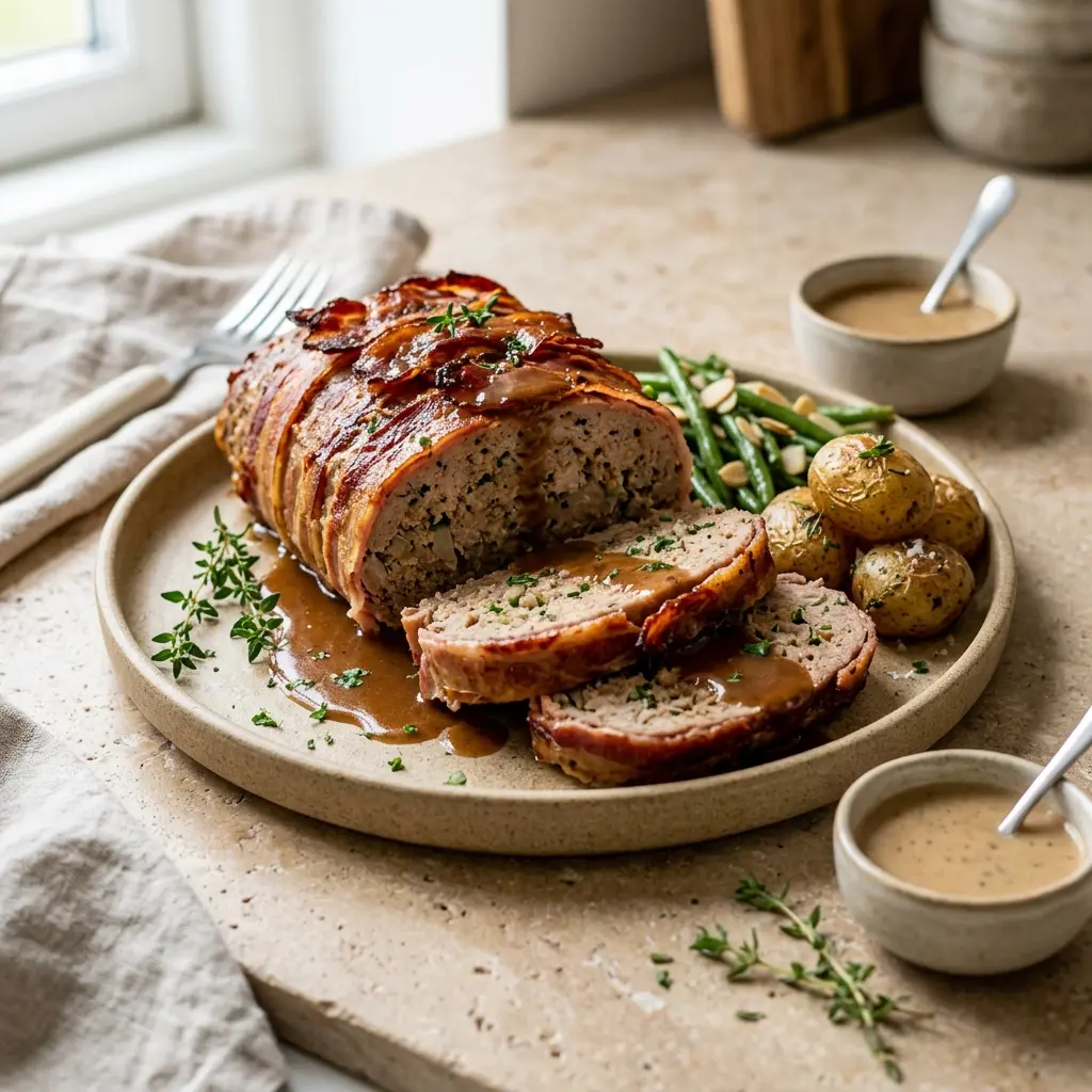 Nybakt farsbrød med svinekjøtt servert og klar til å nytes