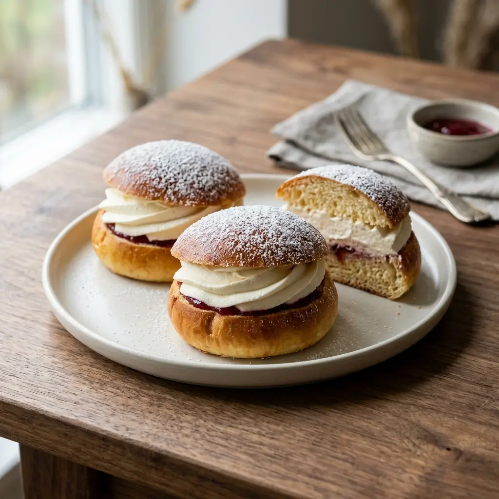 Nybakt fastelavnsboller med krem servert og klar til å nytes