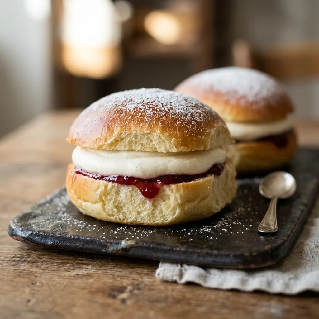 Nybakt fastelavnsboller servert og klar til å nytes