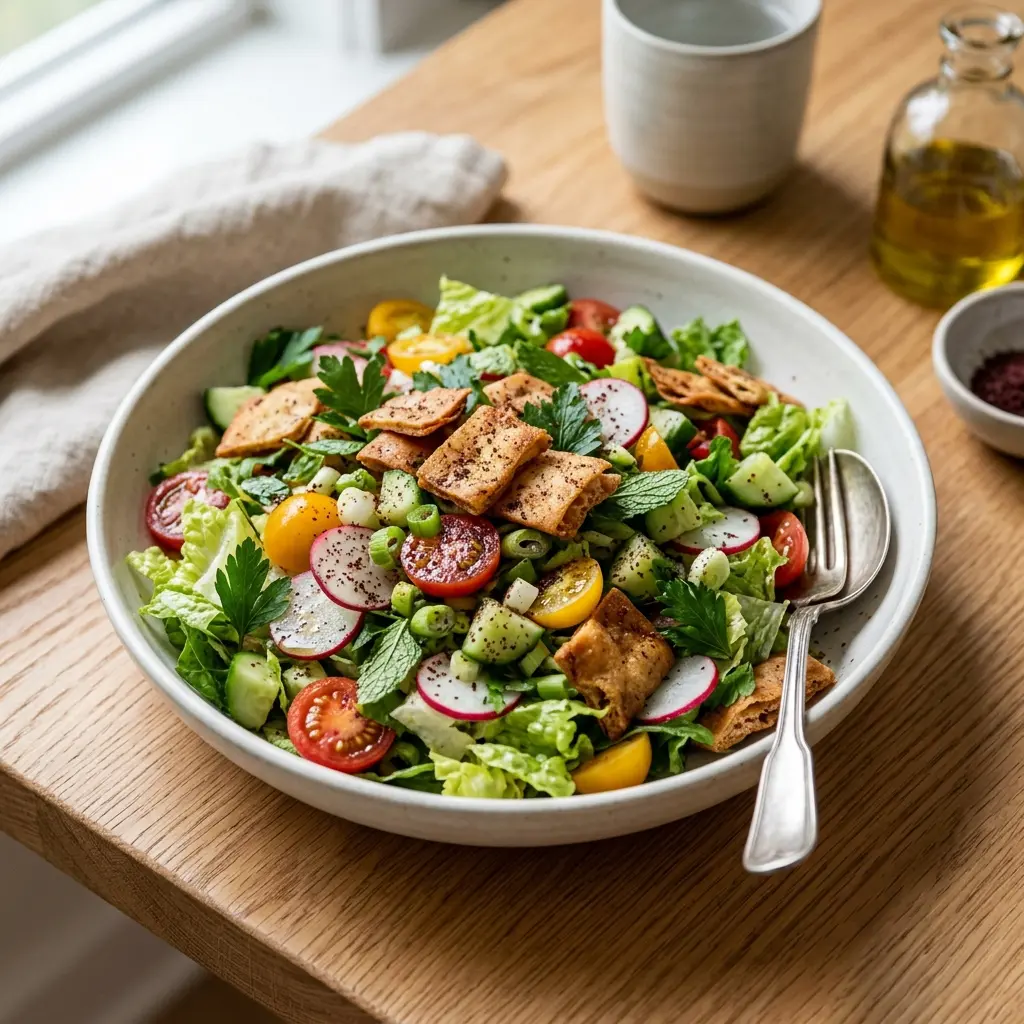 Nylaget fattoush servert på en appetittlig og hjemmelaget måte