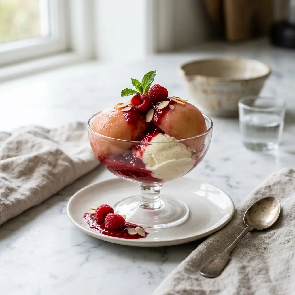 Nylaget fersken Melba servert på en appetittlig og hjemmelaget måte
