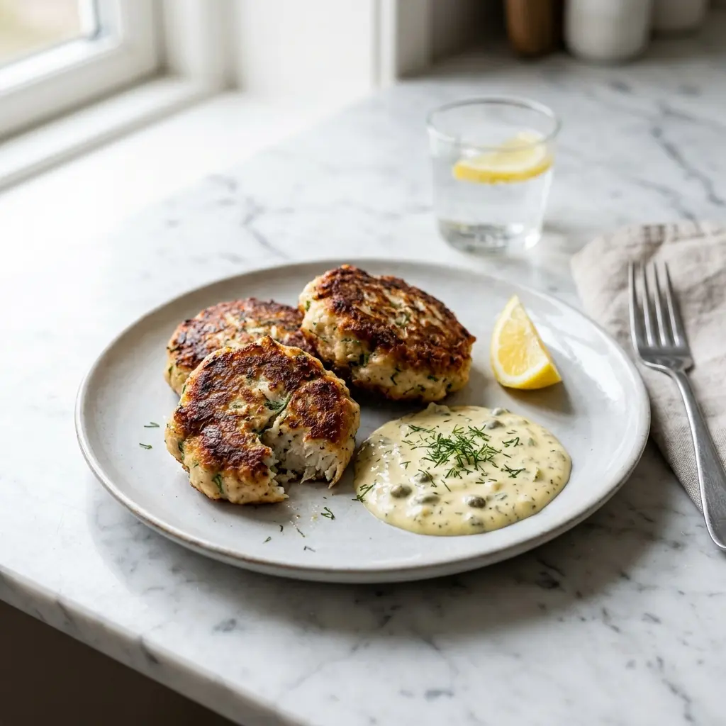 Fiskefrikadeller servert ferdig som hjemmelaget rett
