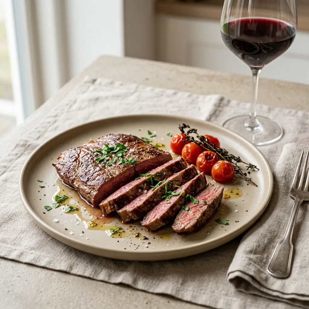 Nylaget flanksteak i stekepanne servert på en appetittlig og hjemmelaget måte