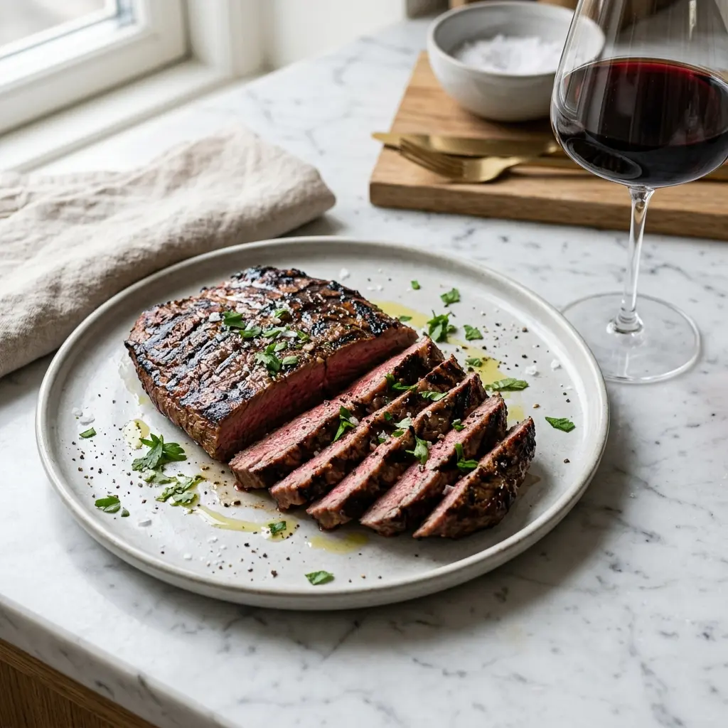 Nylaget flanksteak på grill servert på en appetittlig og hjemmelaget måte