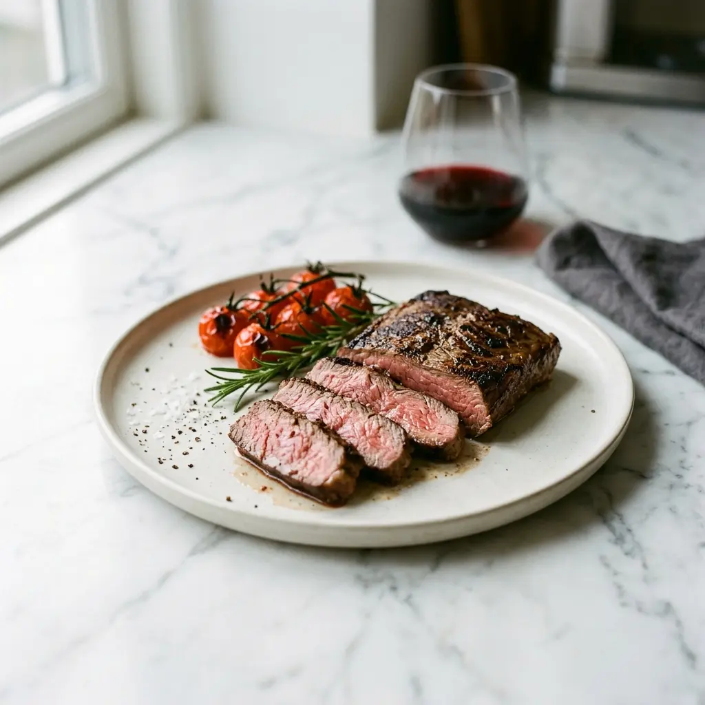 Nylaget flat iron steak servert på en appetittlig og hjemmelaget måte