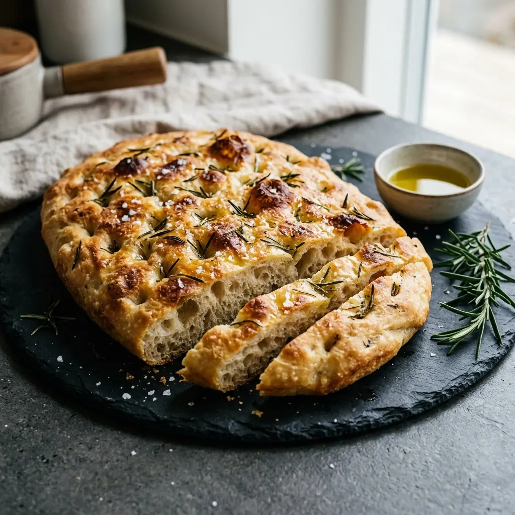 Nybakt focaccia med rosmarin servert og klar til å nytes