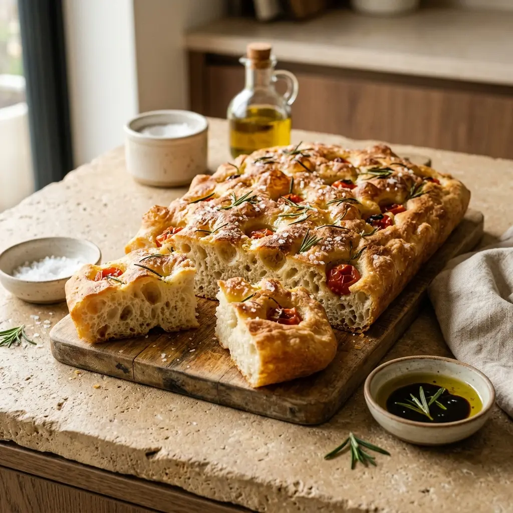 Nybakt focaccia servert og klar til å nytes