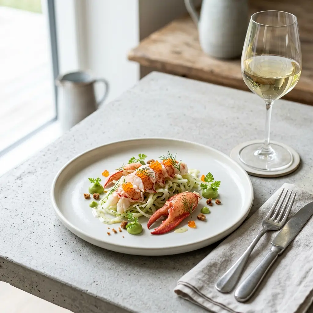 Nylaget forrett med hummer servert på en appetittlig og hjemmelaget måte