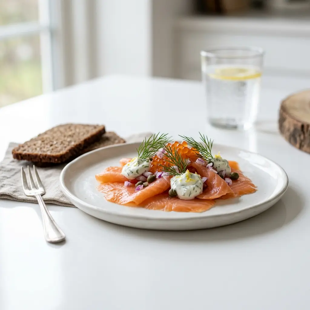 Nylaget forrett med kaldrøkt laks servert på en appetittlig og hjemmelaget måte
