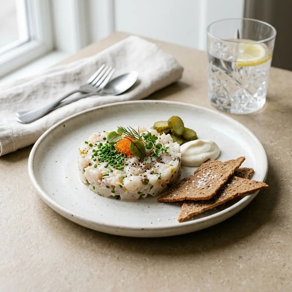 Nylaget forrett med kveitetartar servert på en appetittlig og hjemmelaget måte