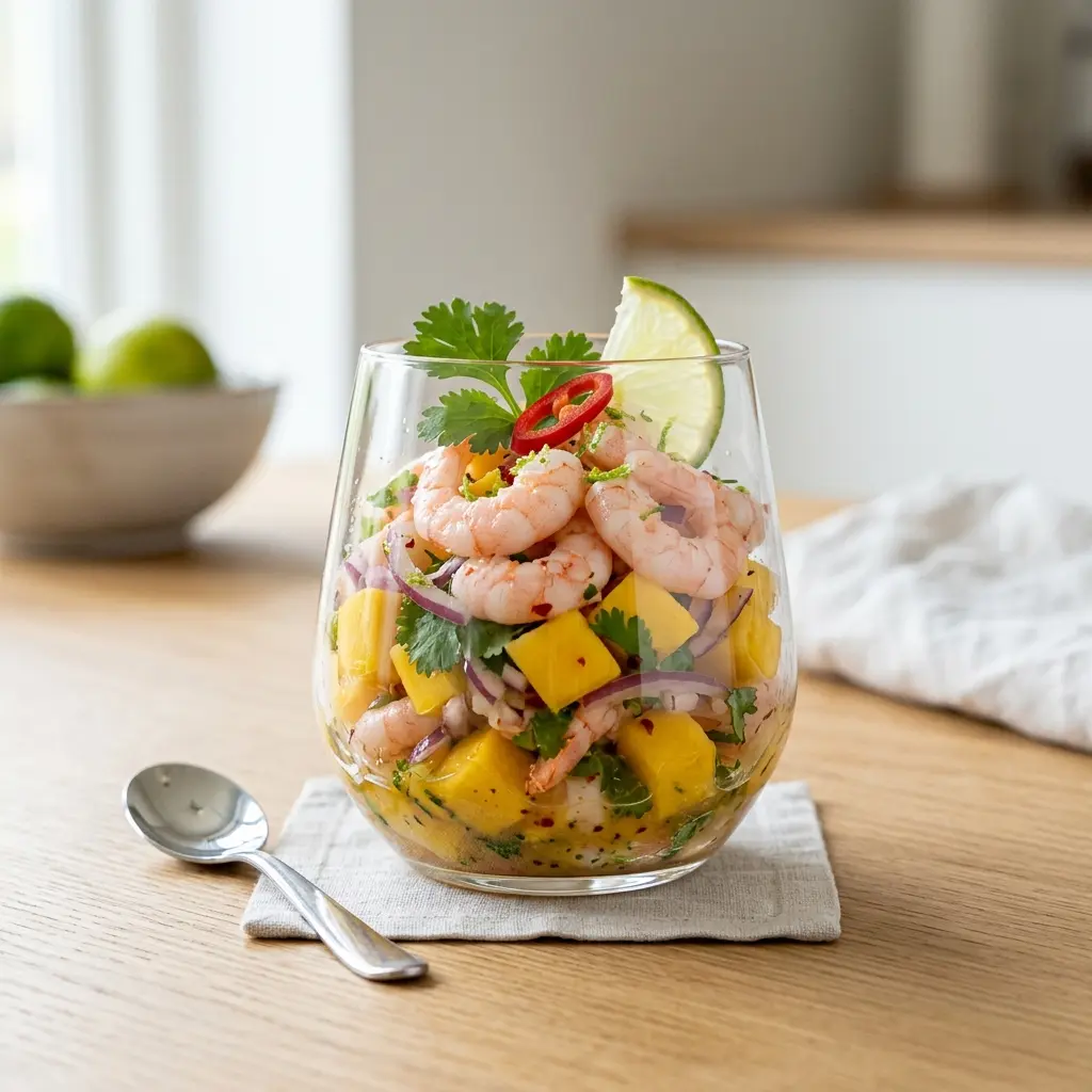 Nylaget forrett med reker og mango servert på en appetittlig og hjemmelaget måte
