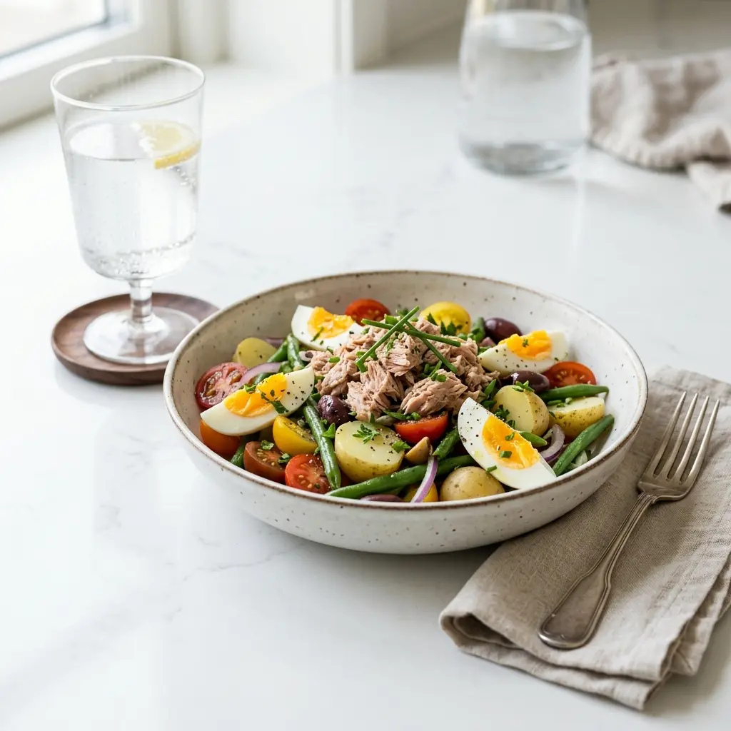 Fransk salat med tunfisk servert som frisk salat