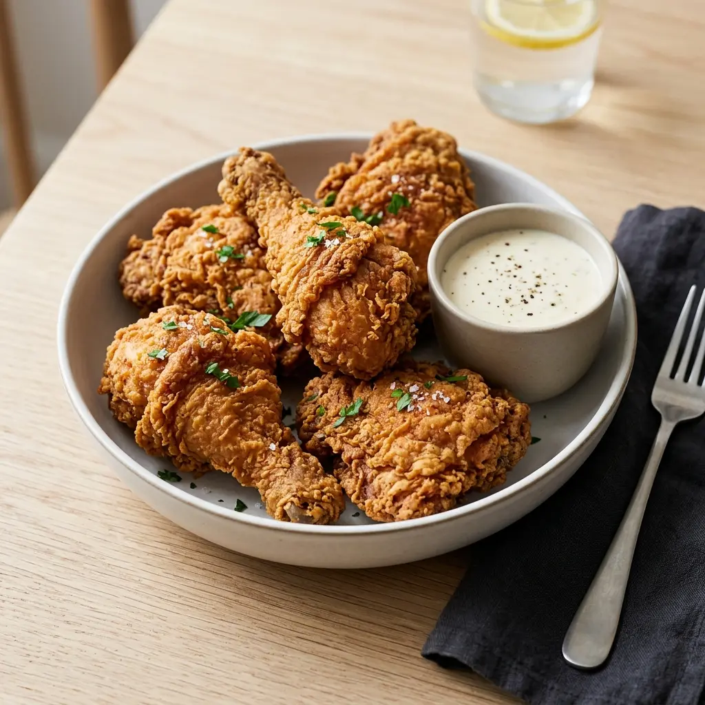 Nylaget fried chicken servert på en appetittlig og hjemmelaget måte