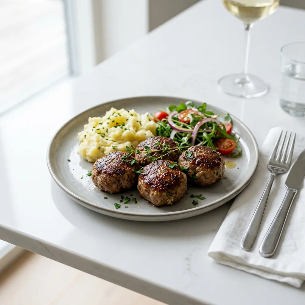 Nylaget frikadeller med lam servert på en appetittlig og hjemmelaget måte