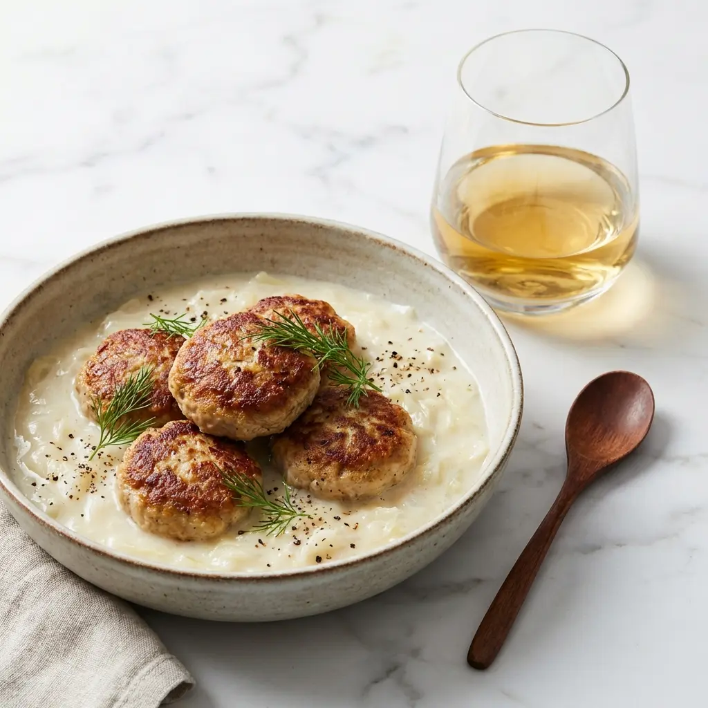 Nylaget frikadeller med stuet hvitkål servert på en appetittlig og hjemmelaget måte